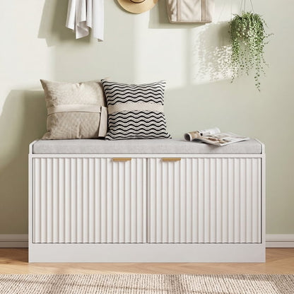 ASTUVIA Fluted Shoe Bench with Cushion, 2-Tier Shoe Storage Bench with Adjustable Shelves, Shoe Cabinet with Bench for Hallway