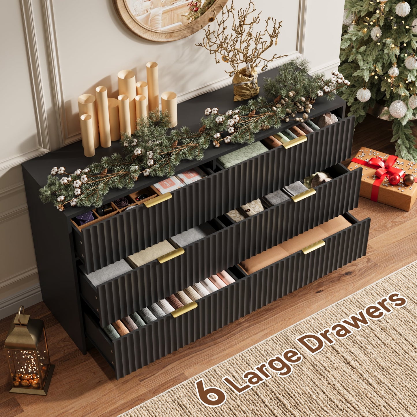 YouTrend 6 Drawer Dresser for Bedroom,55.1"Width Fluted Wood Chest of Drawer with Golden Embedded Handles for Living Room,Black