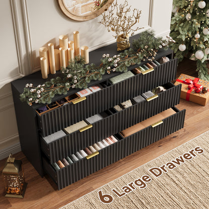 YouTrend 6 Drawer Dresser for Bedroom,55.1"Width Fluted Wood Chest of Drawer with Golden Embedded Handles for Living Room,Black
