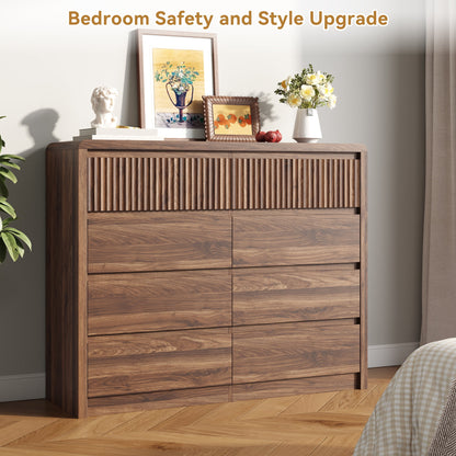 ASTUVIA 9 Fluted Drawers Dresser for Bedroom, 49.2" W Modern Chest of Drawers with Curved Profile Design, Mid Century Storage Dressers Organizer,Brown