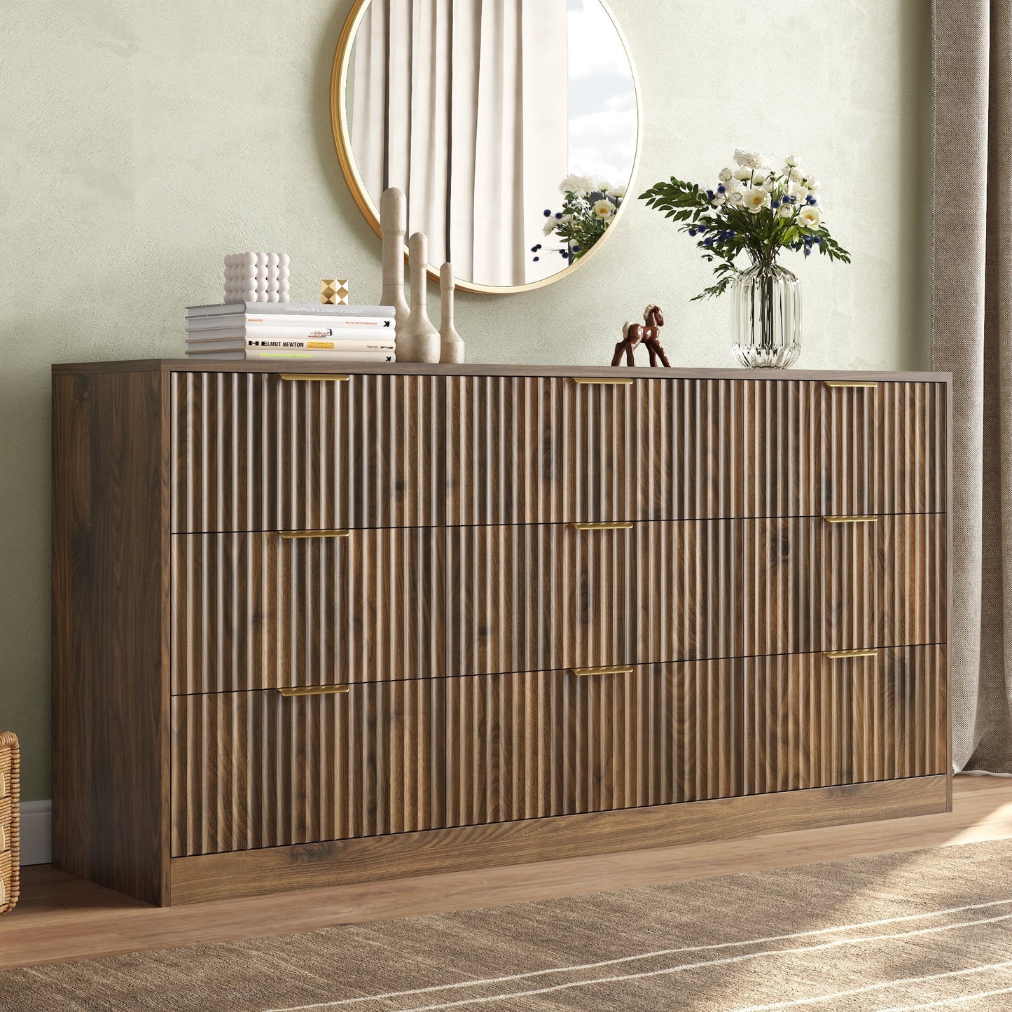 ASTUVIA 55.1" W Fluted 6 Drawer Dresser for Adult,Wooden Bedroom Dresser,Dresser TV Stand up to 65" for Living Room,Brown