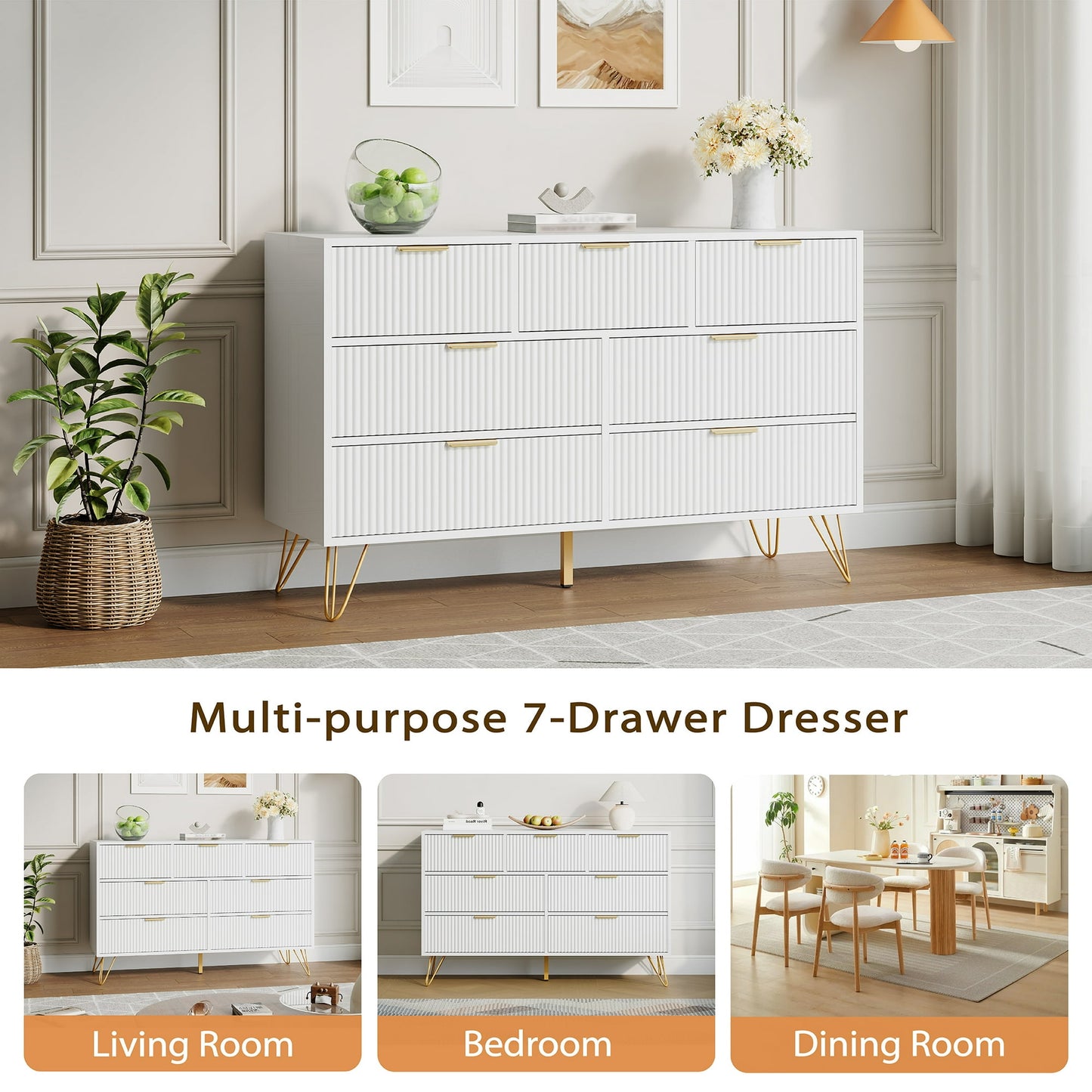 YouTrend White 7 Drawer Dresser with Fluted Wood and Metal Handles Legs for Bedroom Living Room Hallway
