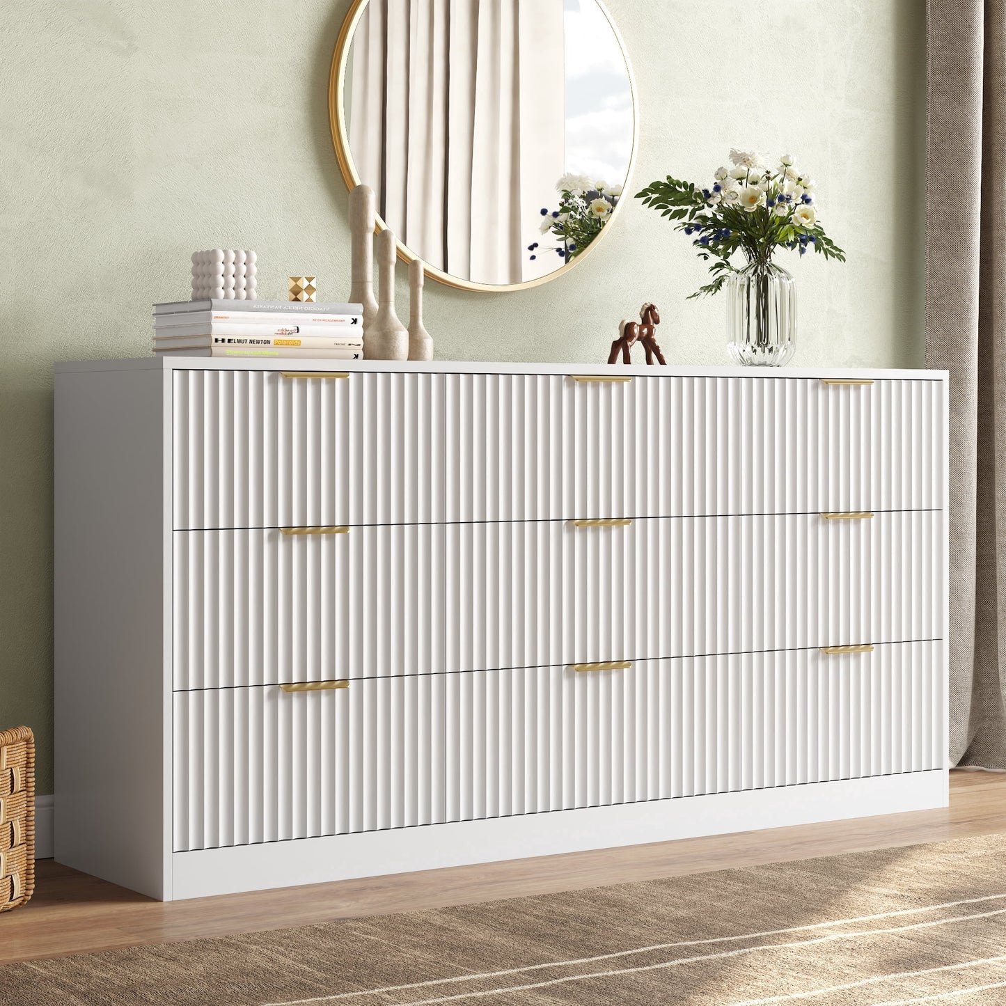 ASTUVIA 55.1" W Fluted 6 Drawer Dresser for Adult,Wooden Bedroom Dresser,Dresser TV Stand up to 65" for Living Room,Brown