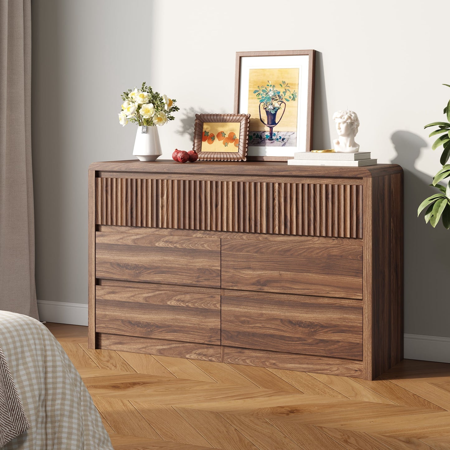 ASTUVIA 9 Fluted Drawers Dresser for Bedroom, 49.2" W Modern Chest of Drawers with Curved Profile Design, Mid Century Storage Dressers Organizer,Brown