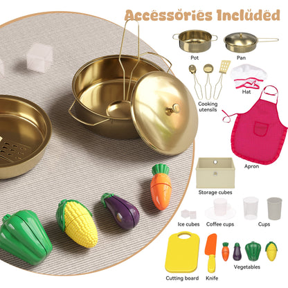 ASTUVIA Wooden Play Kitchen For Kids With Realistic Lights & Sounds, Smart Storage, Pretend Ice Maker, Sink, Stove, Inspiring Creative Role Play Toy
