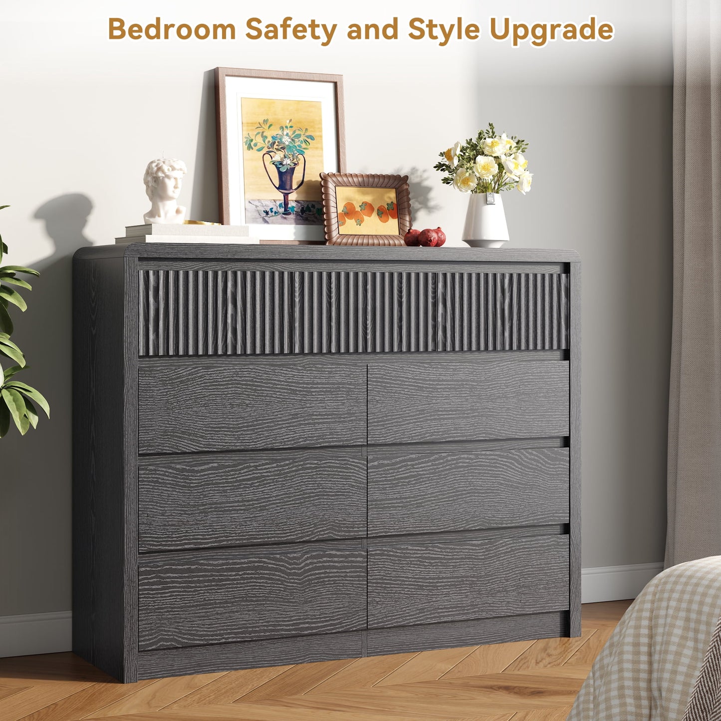 ASTUVIA 9 Fluted Drawers Dresser for Bedroom, 49.2" W Modern Chest of Drawers with Curved Profile Design, Mid Century Storage Dressers Organizer,Brown