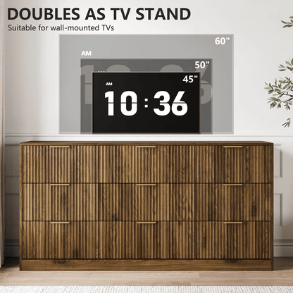 YouTrend White 9 Drawer Dresser for Bedroom,Modern Adult Fluted Wood Chest of Drawer with Golden Embedded Handles for Living Room,Hallway