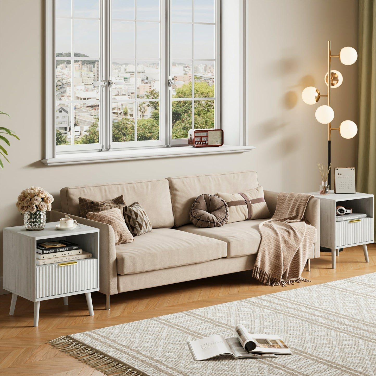 YouTrend Nightstand with Open Shelf,Beside Table with Fluted Design ,End Table with Solid Wood Legs for bedroom