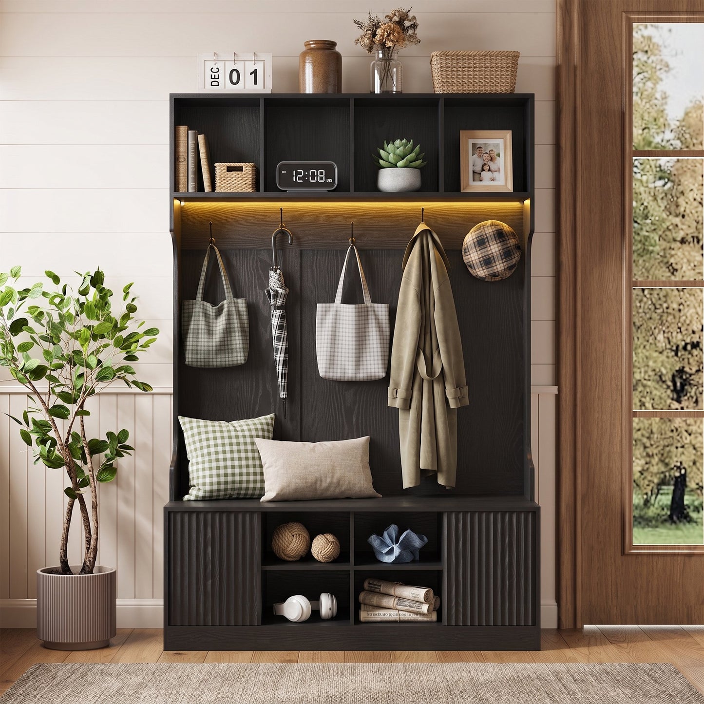 ASTUVIA 70.9"H LED Hall Tree with Bench & Shoe Storage, 47.2"W Entryway Coat Rack with 5 Hooks & 2 Fluted Doors,5 in 1 Coat Hanger for Hallway, Living Room