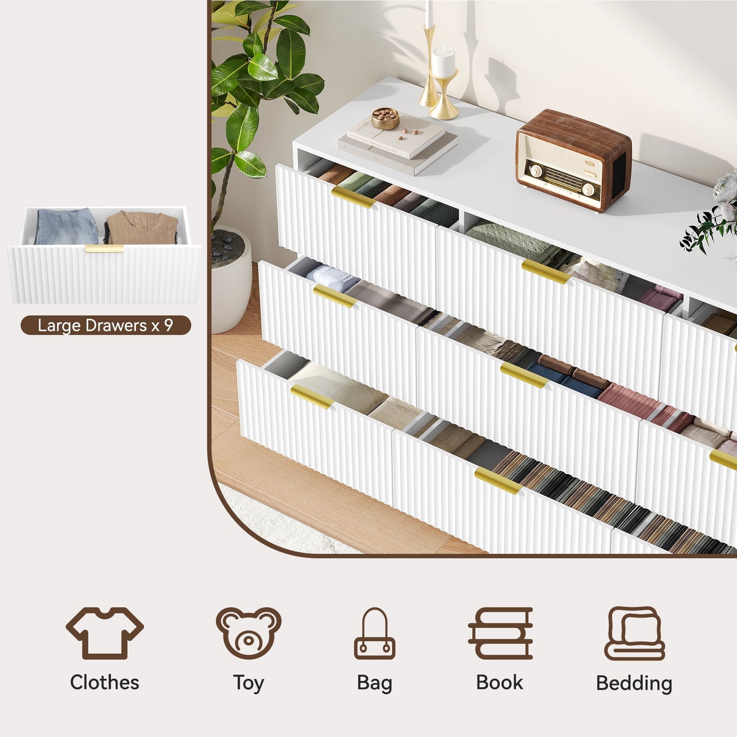 YouTrend 7 Drawer Dresser and Nightstand Sets for Bedroom,3 Piece Bedroom Dresser Set,Fluted Dressers and Nightstands, Modern Bedroom Set