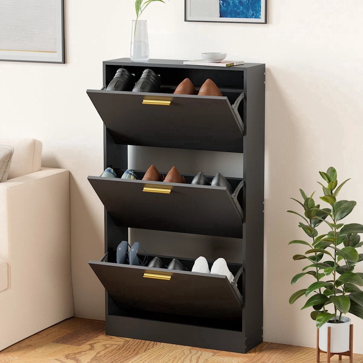 ASTUVIA Shoe Cabinet with 3 Flip Drawers,Narrow Hidden Shoe Storage for Entryway,Modern Freestanding Shoe Organizer Rack Holds 6-15 Pairs