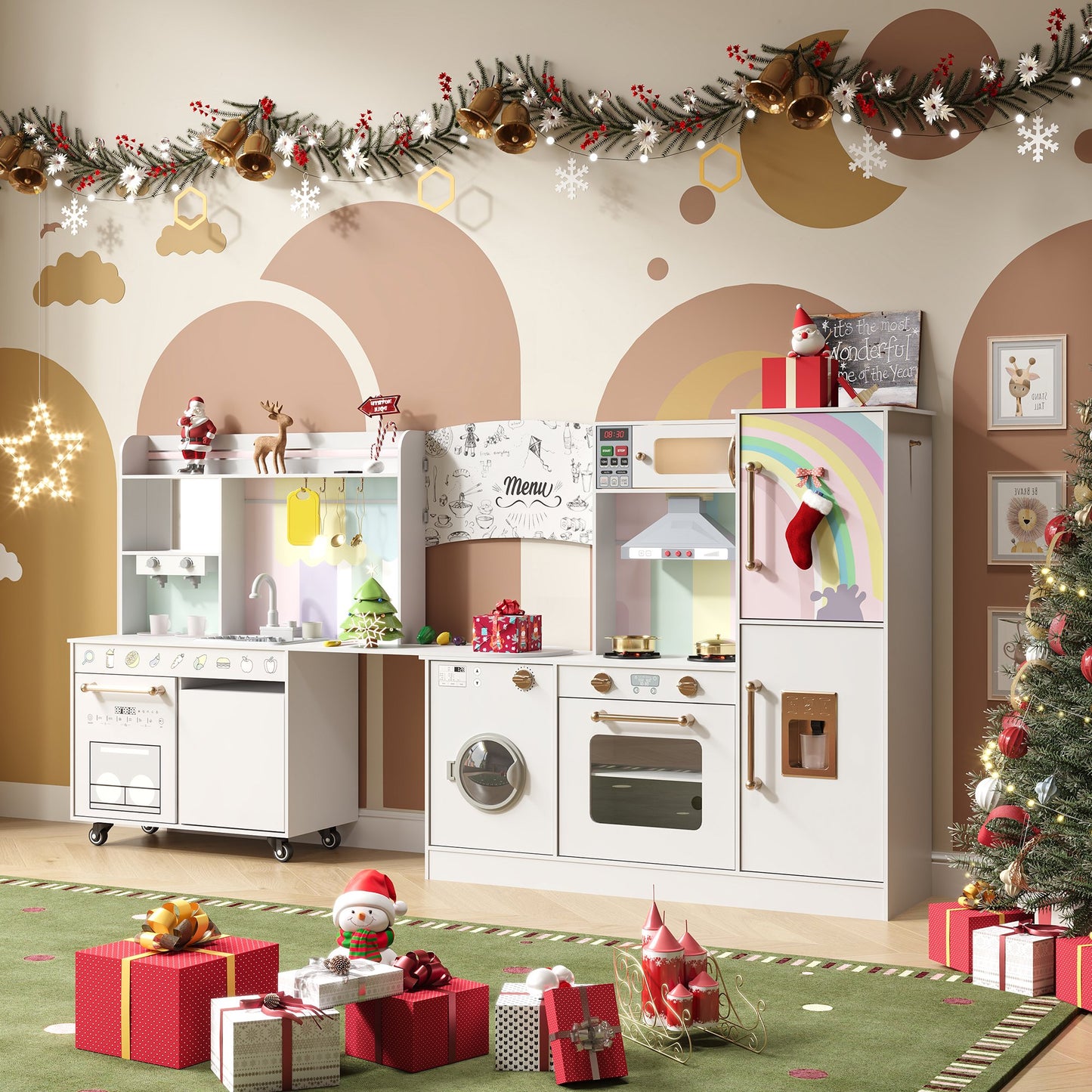ASTUVIA Wooden Play Kitchen For Kids With Realistic Lights & Sounds, Smart Storage, Pretend Ice Maker, Sink, Stove, Inspiring Creative Role Play Toy