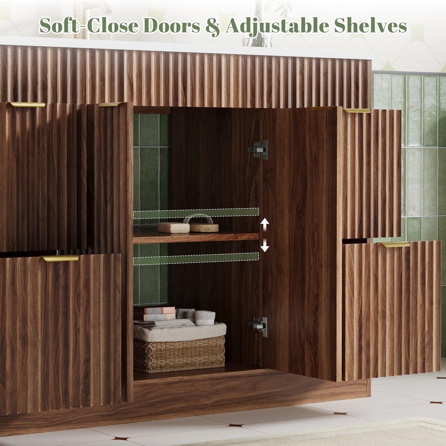 ASTUVIA 60" Fluted Bathroom Vanity Cabinet with 2 Drawers,Bathroom Vanity with Sink and 4 Soft-Close Doors,Floating Bathroom Sink Cabinet,Brown