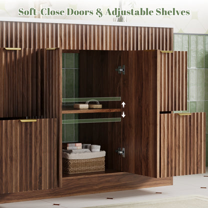 ASTUVIA 60" Fluted Bathroom Vanity Cabinet with 2 Drawers,Bathroom Vanity with Sink and 4 Soft-Close Doors,Floating Bathroom Sink Cabinet,Brown