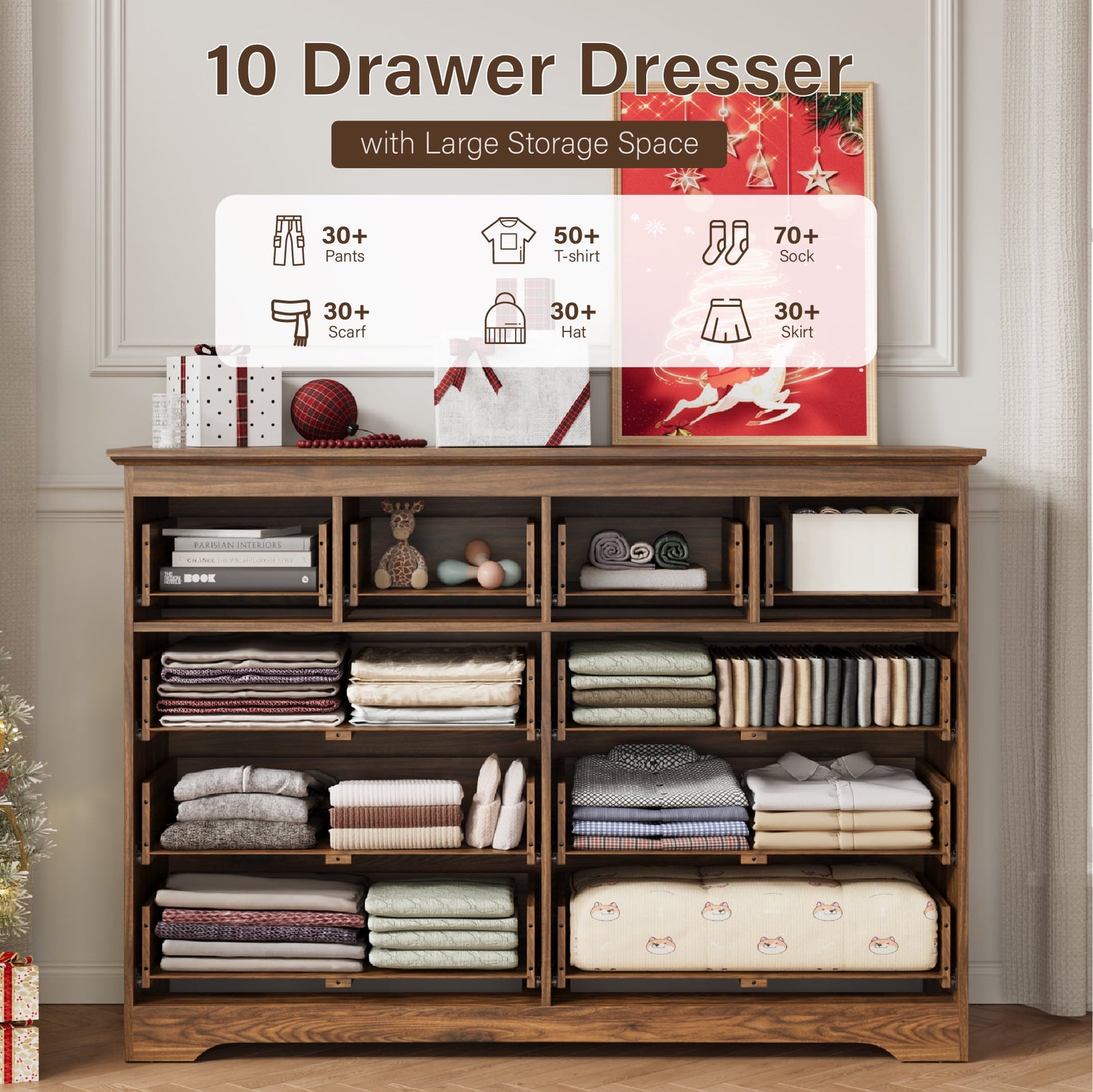 YouTrend 55.1" Wide Dresser for Bedroom, 10 Drawer Dresser with Large Drawers, Dresser for TVs Up to 65",Brown