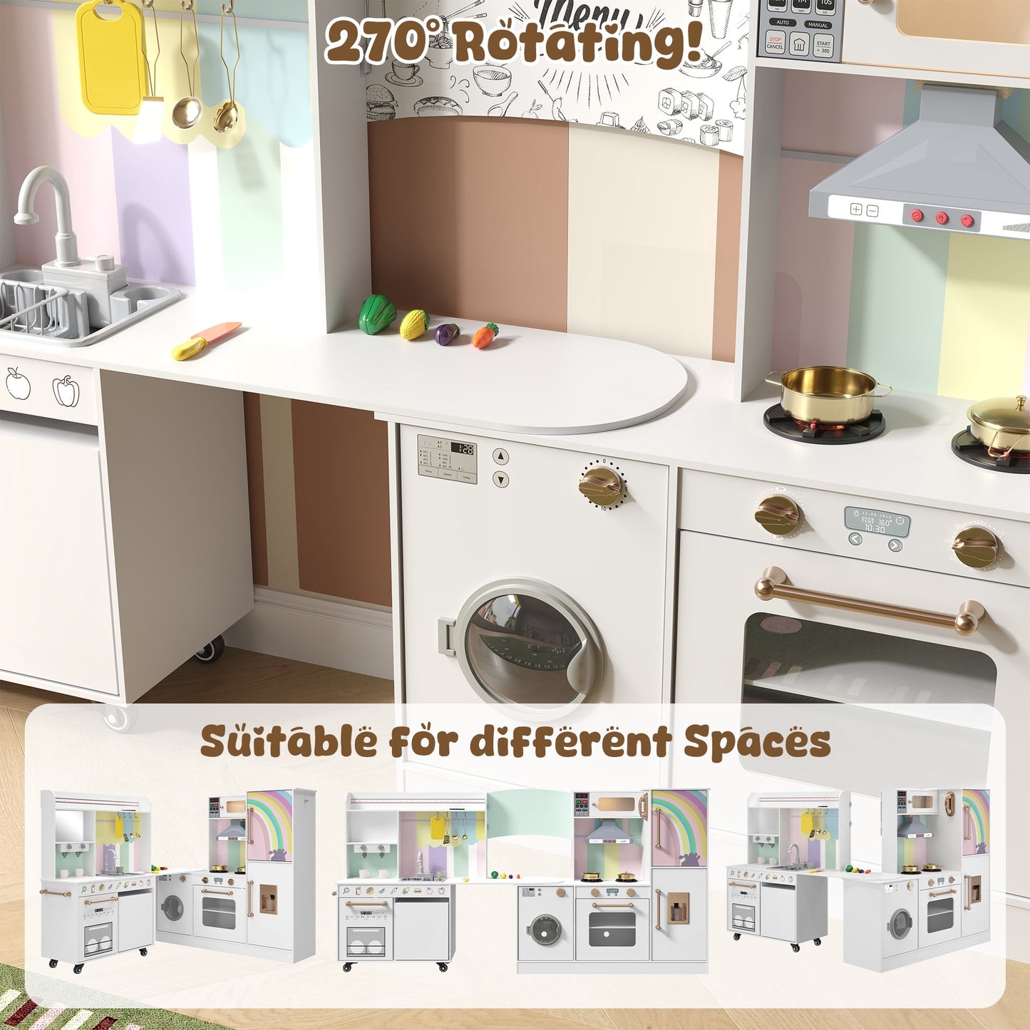 ASTUVIA Wooden Play Kitchen For Kids With Realistic Lights & Sounds, Smart Storage, Pretend Ice Maker, Sink, Stove, Inspiring Creative Role Play Toy