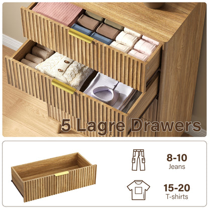 YouTrend 5 Drawer Dresser for Bedroom,Tall Dresser with Metal Handle,Fluted Dresser Modern Storage Cabinet for Home Office Living Room,White