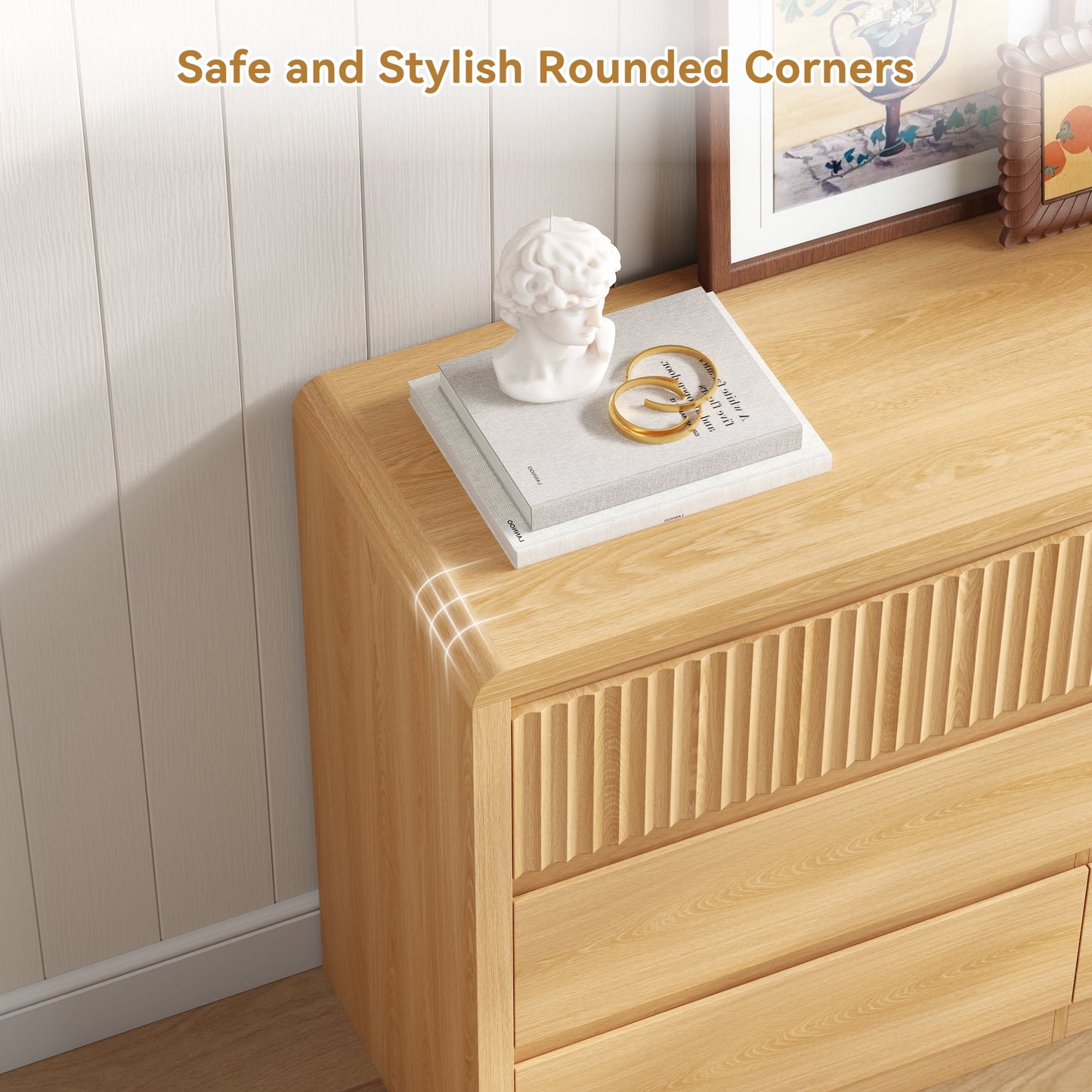 ASTUVIA 9 Fluted Drawers Dresser for Bedroom, 49.2" W Modern Chest of Drawers with Curved Profile Design, Mid Century Storage Dressers Organizer,Brown