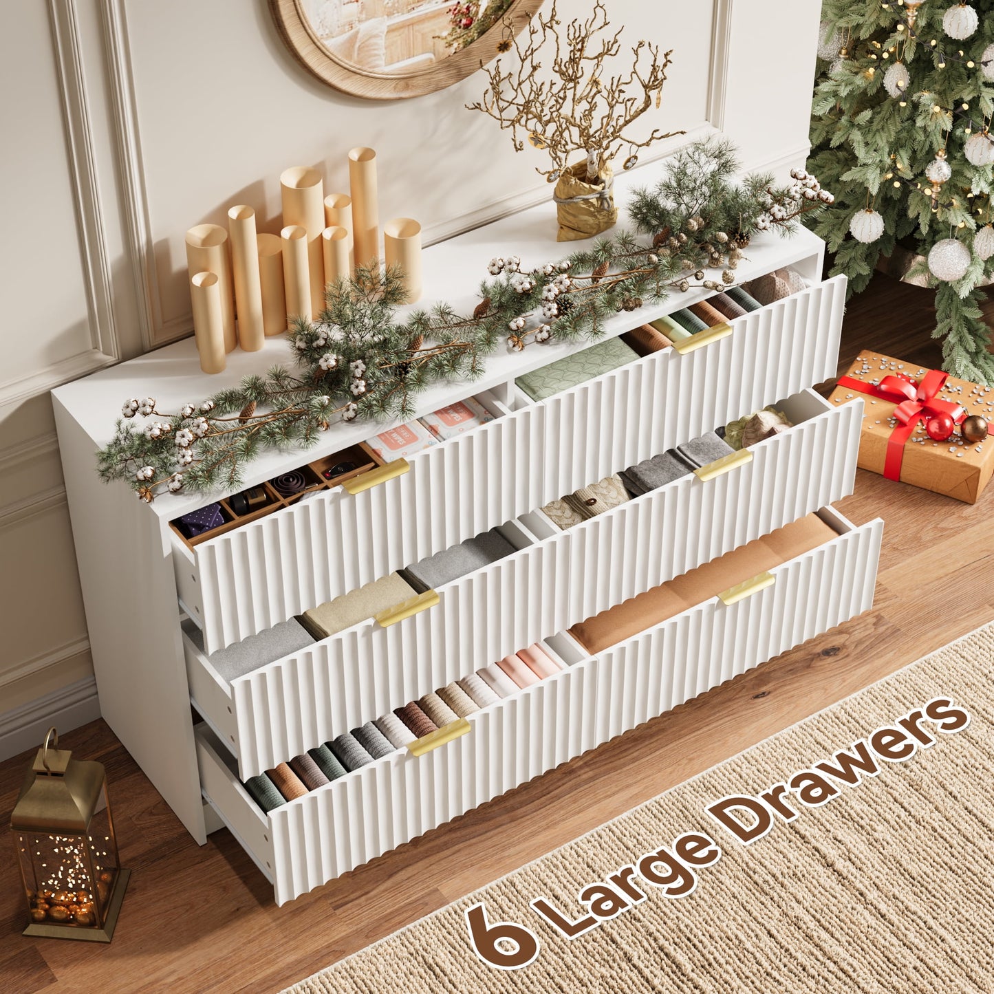 YouTrend 6 Drawer Dresser for Bedroom,55.1"Width Fluted Wood Chest of Drawer with Golden Embedded Handles for Living Room,Black
