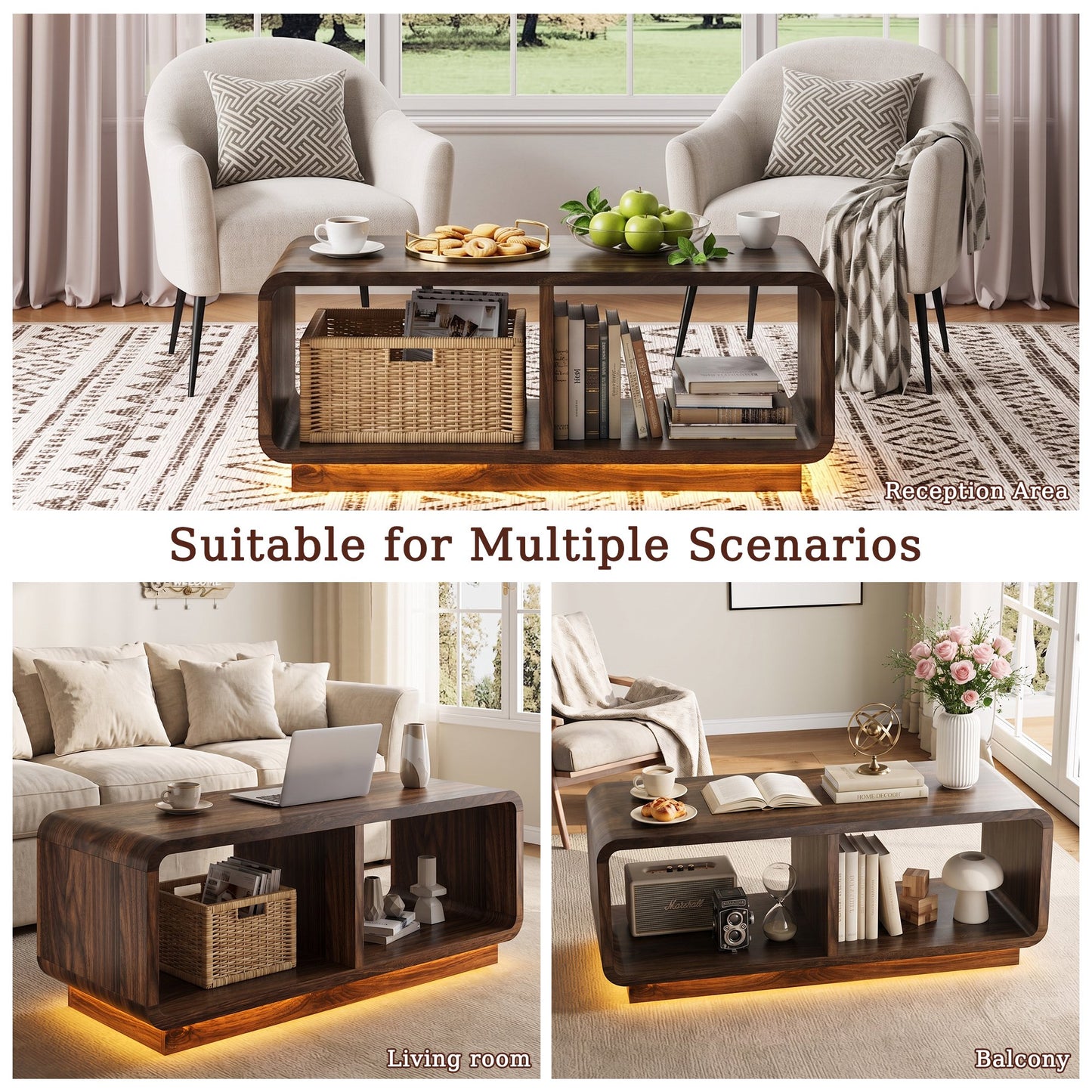 ASTUVIA Coffee Table with LED Lights, 47.2" W TV Stand Center Table with 2-Tiers for Living Room
