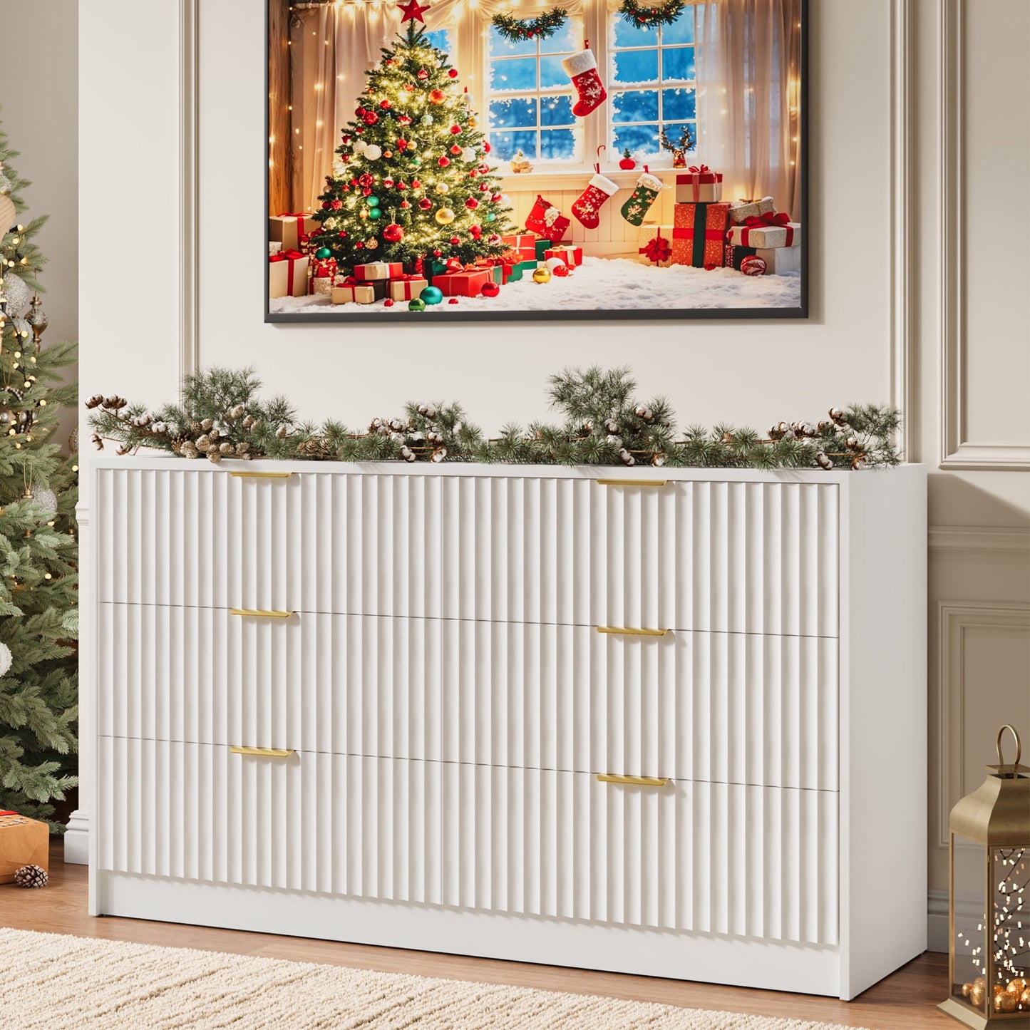 YouTrend 6 Drawer Dresser for Bedroom,55.1"Width Fluted Wood Chest of Drawer with Golden Embedded Handles for Living Room,Black