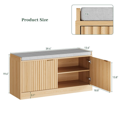 ASTUVIA Fluted Shoe Bench with Cushion, 2-Tier Shoe Storage Bench with Adjustable Shelves, Shoe Cabinet with Bench for Hallway