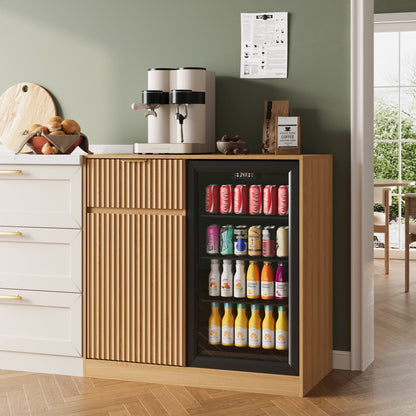 ASTUVIA Mini Fridge Cabinet with Power Outlet,Fluted Coffee Bar Cabinet with Mini Fridge Space,Buffet Sideboard with Drawers,Natural