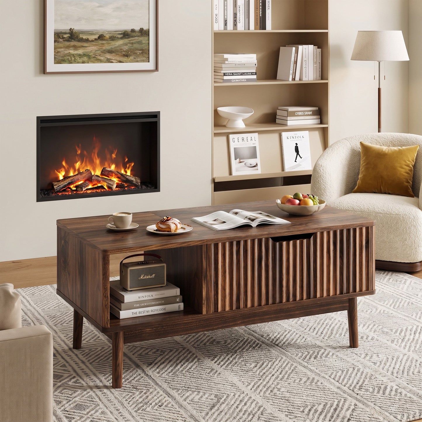 YouTrend Fluted Lift Top Coffee Table with Storage, 39.4" Width Rising Coffee Tables with Hidden Compartment, Wood Center Table for Living Room Office