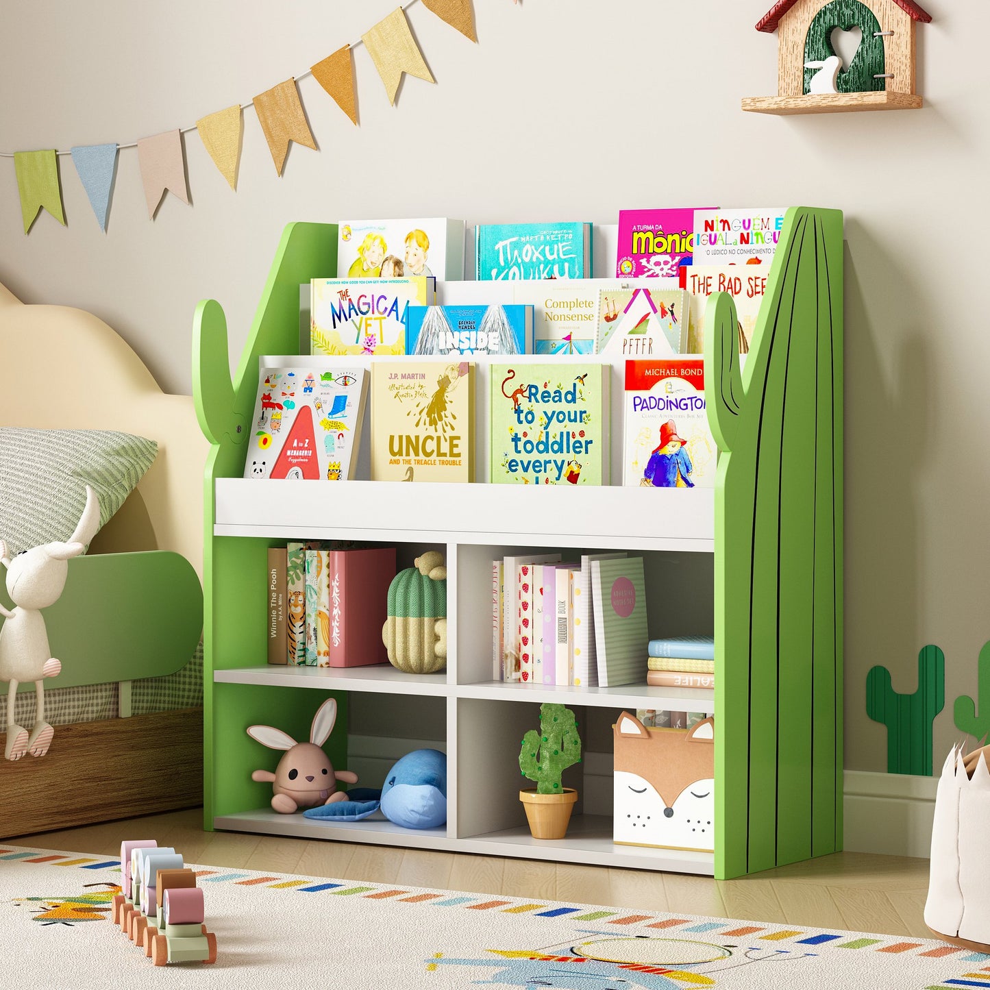 ASTUVIA 3 Tier Kids Bookshelf with Storage,Toy Storage Organizer with Cactus Appearance, Kids Bookcase and Bookshelf with 4 Storage, Green