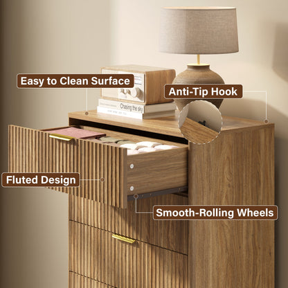 YouTrend 5 Drawer Dresser for Bedroom,Tall Dresser with Metal Handle,Fluted Dresser Modern Storage Cabinet for Home Office Living Room,White