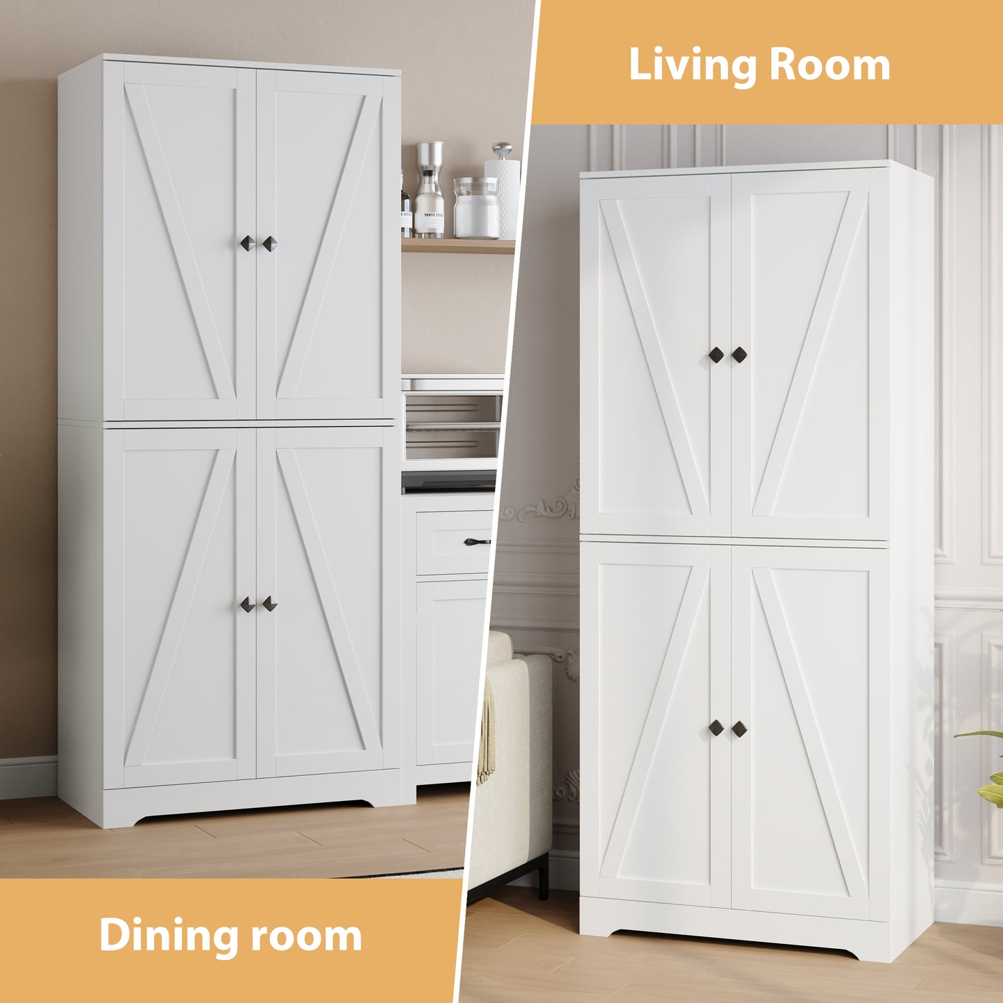 72'' Farmhouse Kitchen Pantry Cabinet with 4 Barn Doors,Storage Cabinet W/ 4 Shelves for Living Room,Kitchen,Bathroom,Office