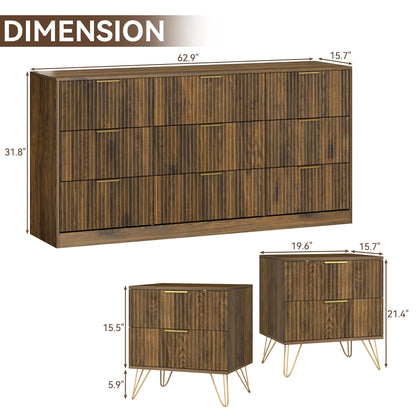 YouTrend 7 Drawer Dresser and Nightstand Sets for Bedroom,3 Piece Bedroom Dresser Set,Fluted Dressers and Nightstands, Modern Bedroom Set