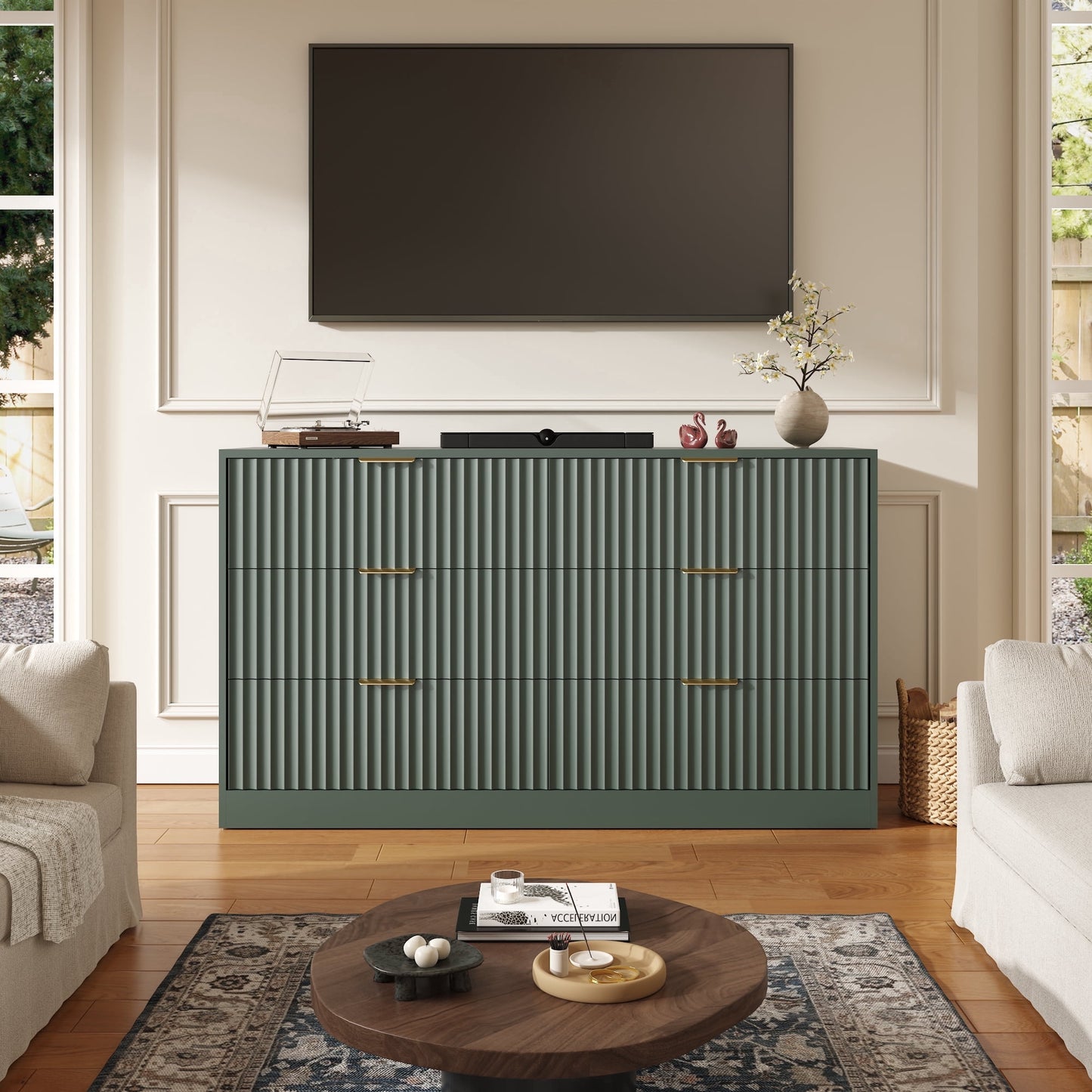 ASTUVIA 55.1" W Fluted 6 Drawer Dresser for Adult,Wooden Bedroom Dresser,Dresser TV Stand up to 65" for Living Room,Brown