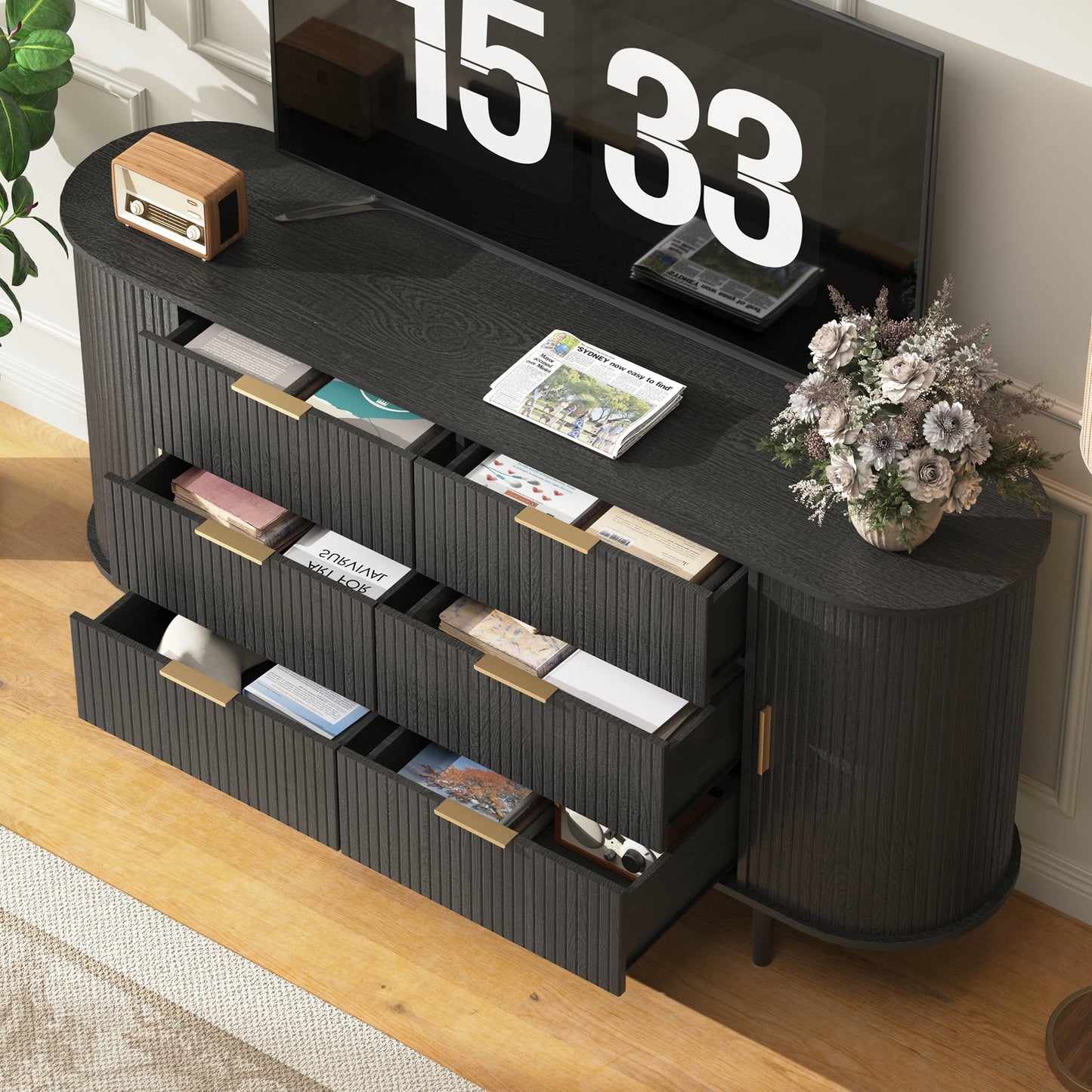 ASTUVIA Fluted 6 Drawers Dresser, 63'' Wide Modern Chest of Drawers with Sideboard,Curved Profile & Sturdy Legs, Dresser TV Stand for Bedroom, Living Room