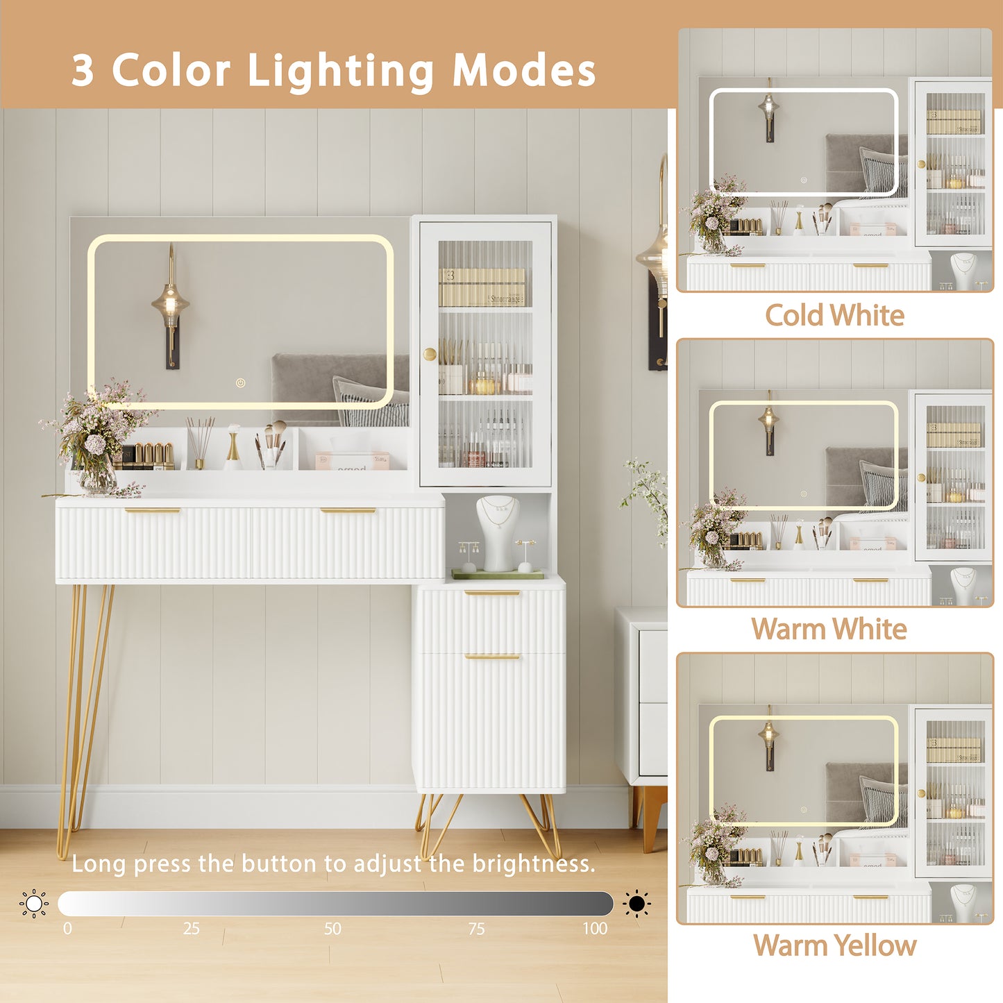 White Vanity Desk Set with Mirror and Lights, Modern Makeup Desk with 4 Drawers,1 Doors & 3 Storage Compartments for Bedroom