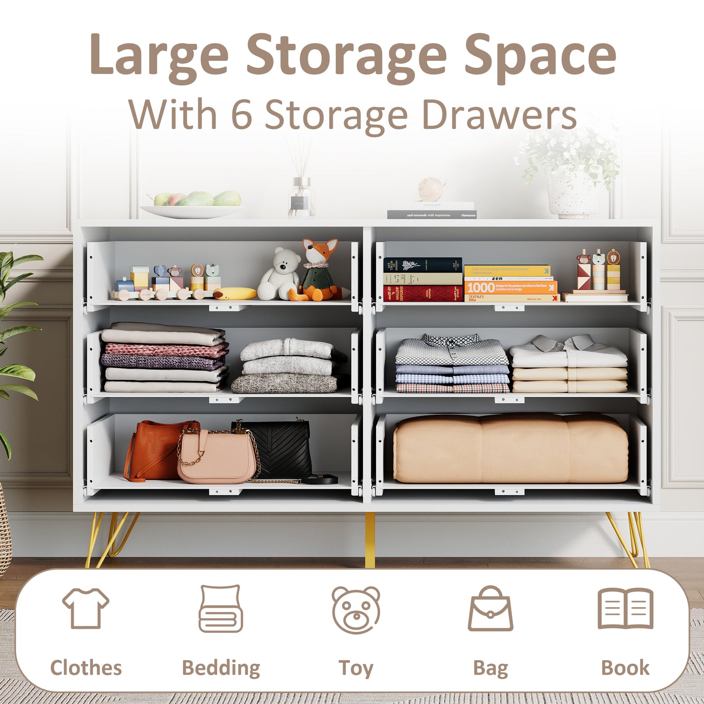 6 Drawer Dresser,Adult Chest of Drawers with Golden Handles & Legs for Bedroom,Living Room,Hallway,Nursery