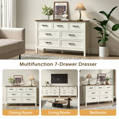 YouTrend 7 Drawer Farmhouse Dresser,Wood Adult Rustic Chest of Drawer with Metal Handles for Bedroom Living Room Hallway,Burlywood & White