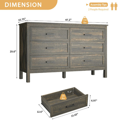 YouTrend 6 Drawer Farmhouse Dresser,Wood Adult Rustic Chest of Drawer with Metal Handles for Bedroom Living Room Hallway,Burlywood & White