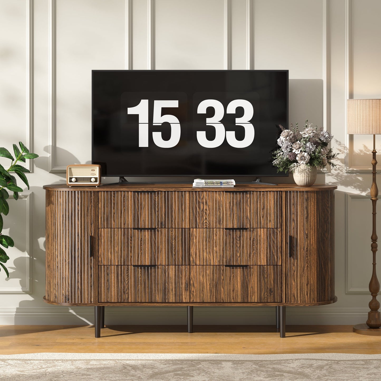ASTUVIA Fluted 6 Drawers Dresser, 63'' Wide Modern Chest of Drawers with Sideboard,Curved Profile & Sturdy Legs, Dresser TV Stand for Bedroom, Living Room