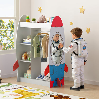 ASTUVIA Kids Dress Up Storage with Mirror, Rocket Shape Kids Clothing Rack with Storage Shelves for Bedroom,Playroom