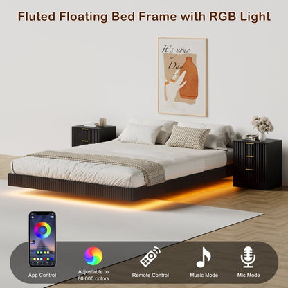 ASTUVIA 4-Piece Bedroom Set for Adult, Fluted Queen Floating LED Bed Frame with 2 Nightstands and Fluted Drawer Dressers