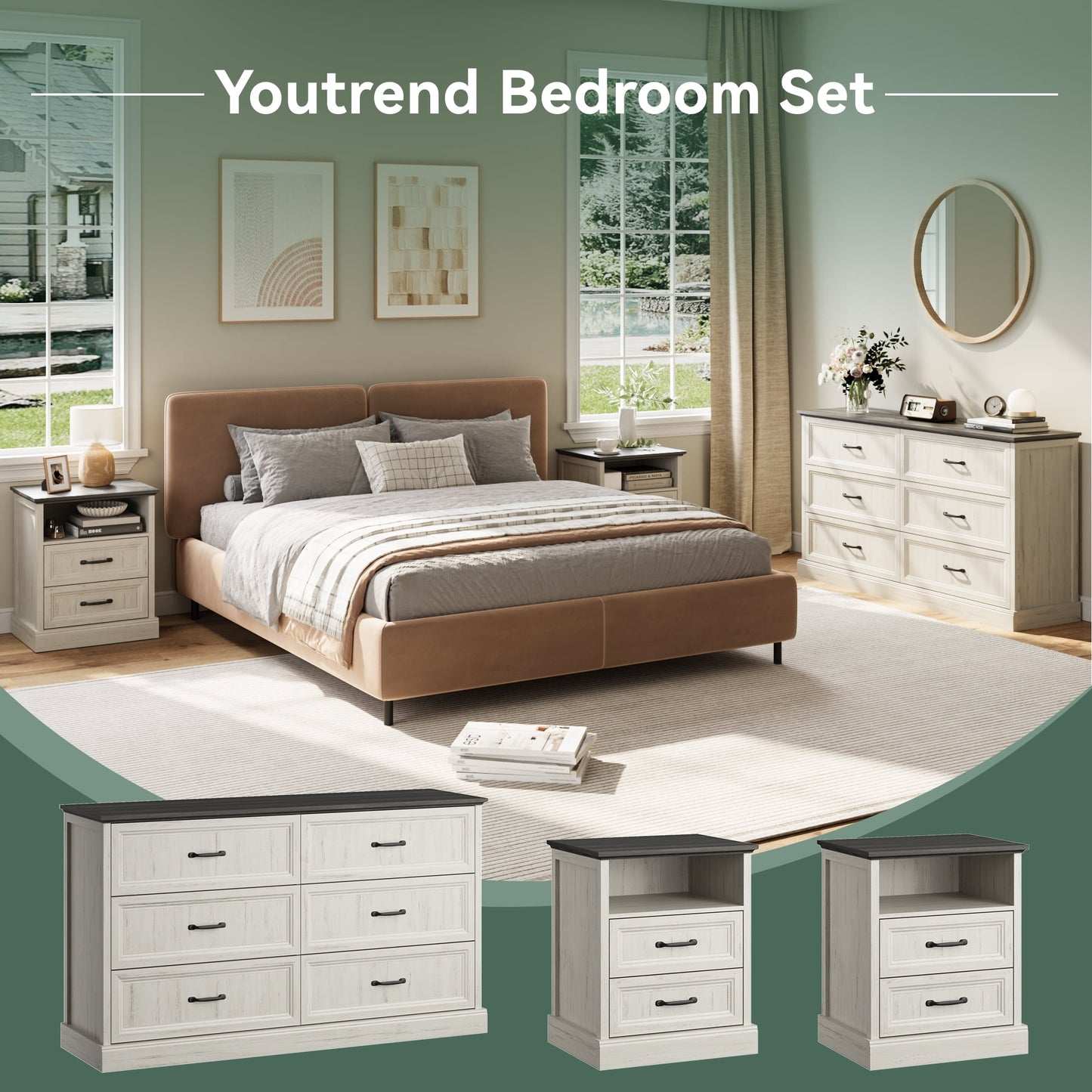 YouTrend 7 Drawer Dresser and Nightstand Sets for Bedroom,3 Piece Bedroom Dresser Set,Fluted Dressers and Nightstands, Modern Bedroom Set