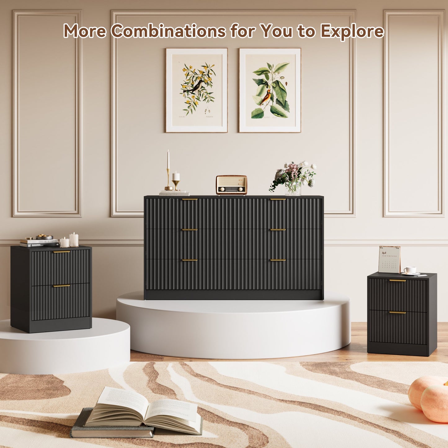YouTrend 6 Drawer Dresser for Bedroom,55.1"Width Fluted Wood Chest of Drawer with Golden Embedded Handles for Living Room,Black