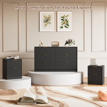 YouTrend 6 Drawer Dresser for Bedroom,55.1"Width Fluted Wood Chest of Drawer with Golden Embedded Handles for Living Room,Black
