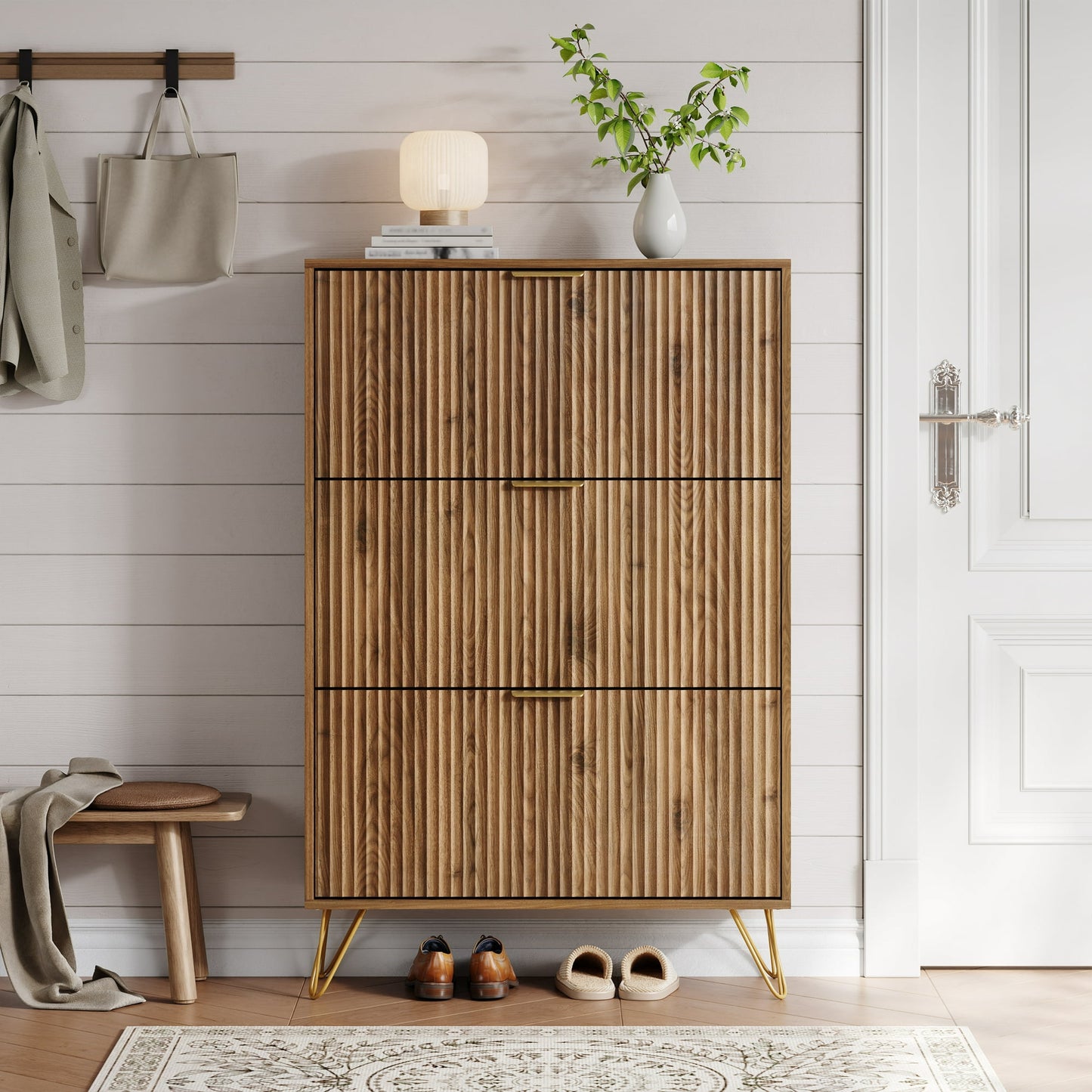 YouTrend Shoe Cabinet with 3 Flip Drawer,Fluted Wood Shoe Rack Storage Cabinet for Entryway