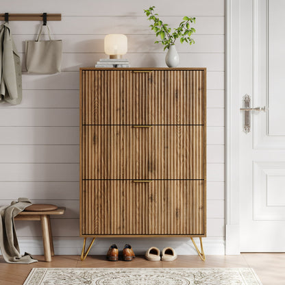 YouTrend Shoe Cabinet with 3 Flip Drawer,Fluted Wood Shoe Rack Storage Cabinet for Entryway