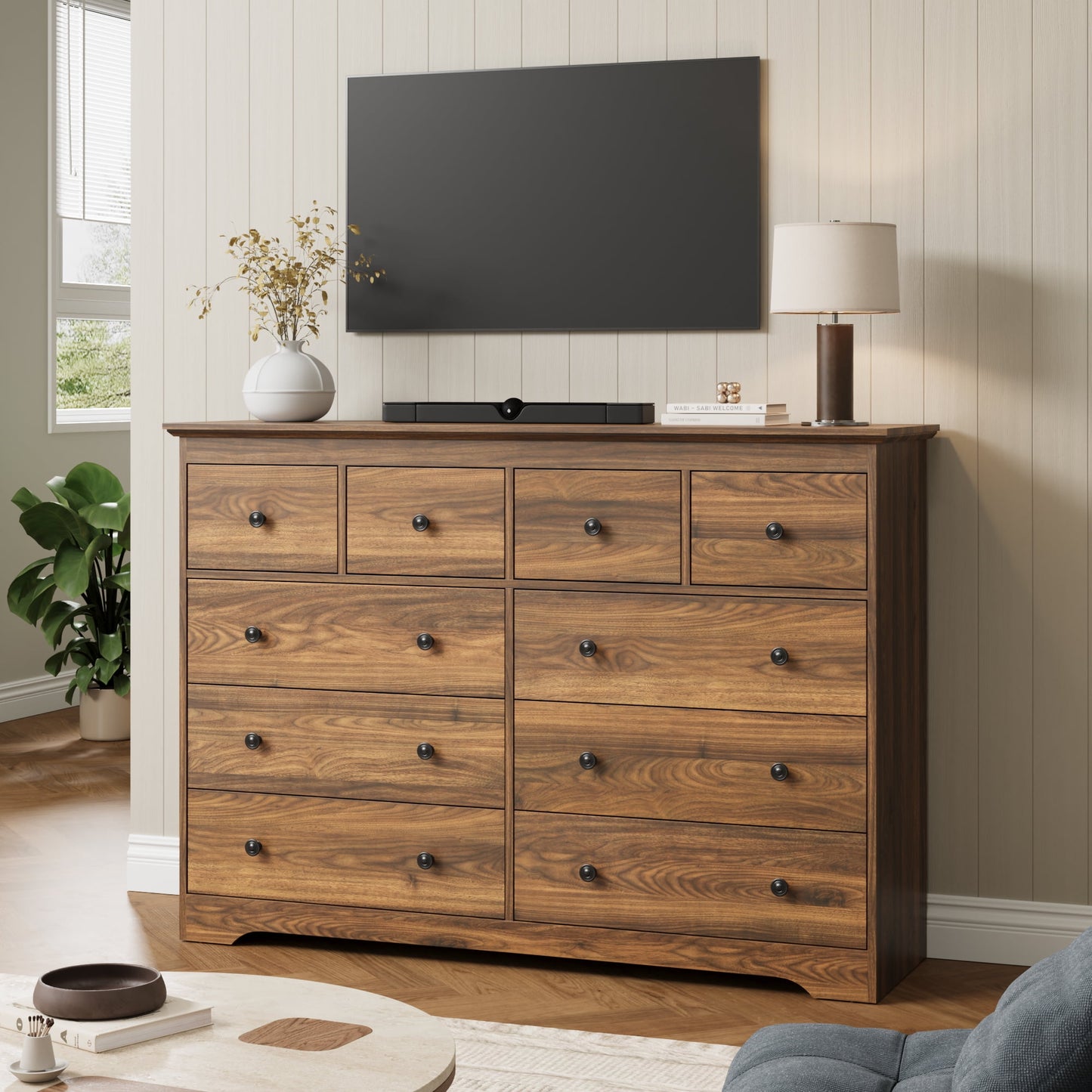 YouTrend 55.1" Wide Dresser for Bedroom, 10 Drawer Dresser with Large Drawers, Dresser for TVs Up to 65",Brown
