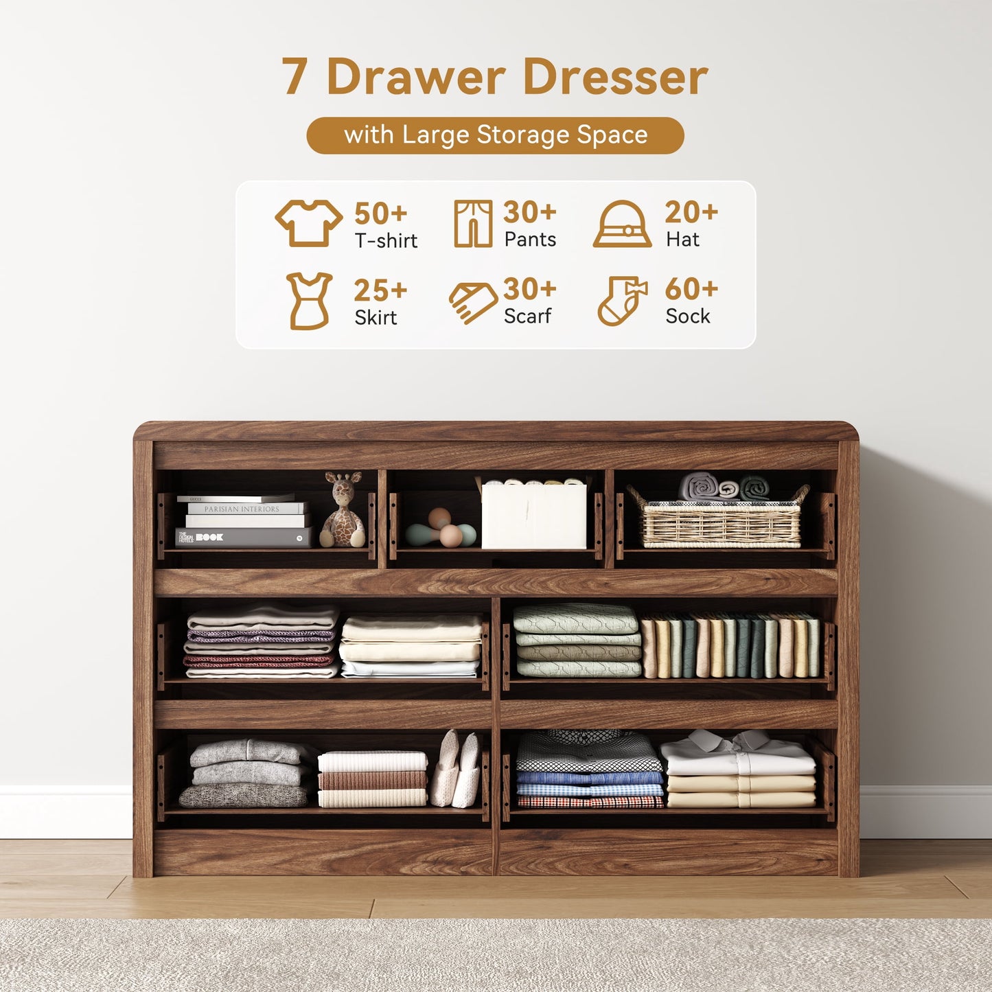 ASTUVIA 9 Fluted Drawers Dresser for Bedroom, 49.2" W Modern Chest of Drawers with Curved Profile Design, Mid Century Storage Dressers Organizer,Brown
