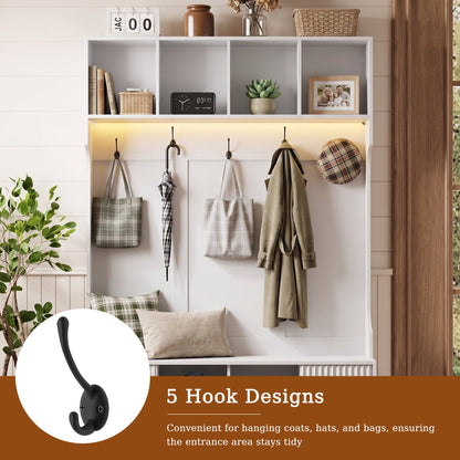 ASTUVIA 70.9"H LED Hall Tree with Bench & Shoe Storage, 47.2"W Entryway Coat Rack with 5 Hooks & 2 Fluted Doors,5 in 1 Coat Hanger for Hallway, Living Room