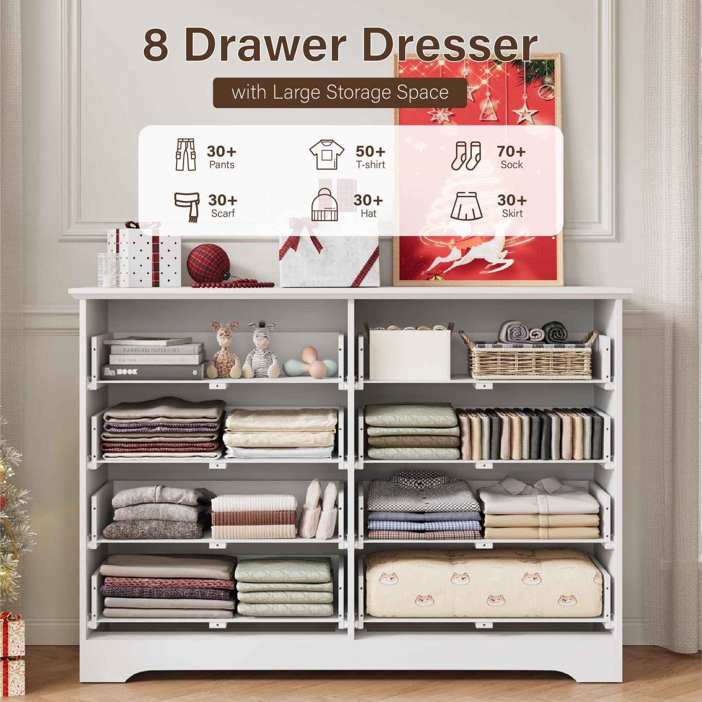 YouTrend 55.1" Wide Dresser for Bedroom, 10 Drawer Dresser with Large Drawers, Dresser for TVs Up to 65",Brown